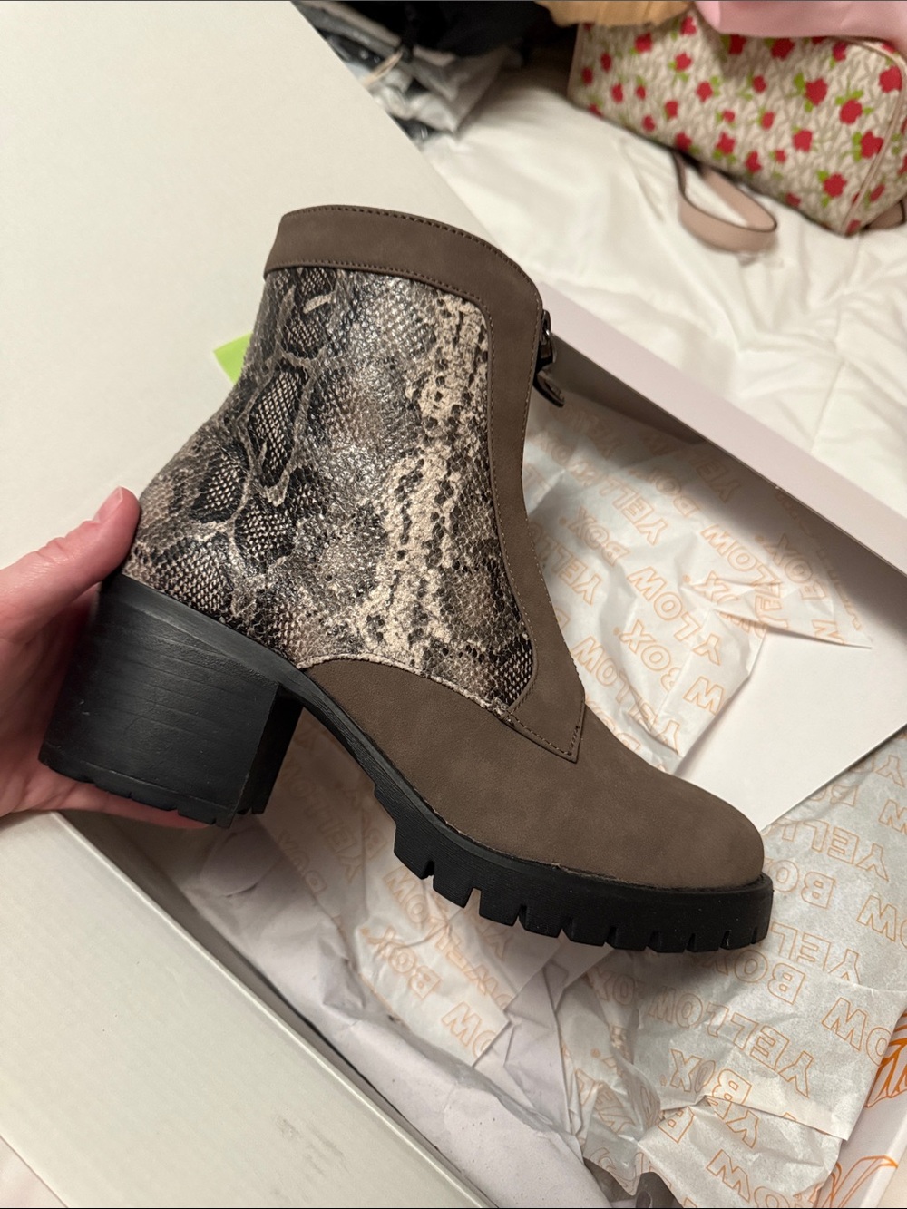 Yellow box Taupe Suede Ankle Boot with Snake-Print Panel
